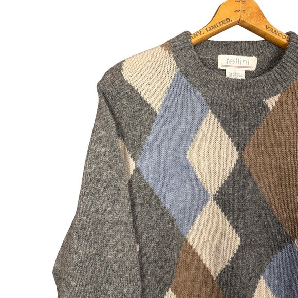 Vintage Argyle Wool Blend Sweater Medium Fellini Grey Academia Knit - Picture 2 of 7